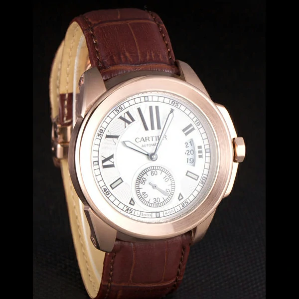 Cartier Calibre White Dial Gold Case Brown Leather Bracelet new58880