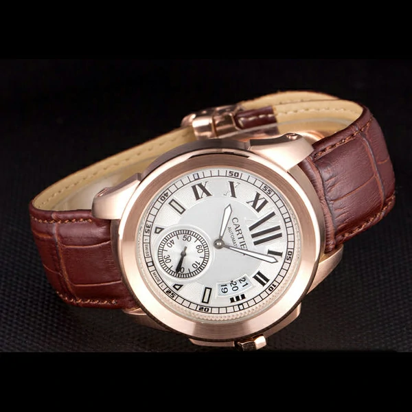 Cartier Calibre White Dial Gold Case Brown Leather Bracelet new58880