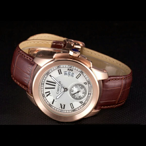 Cartier Calibre White Dial Gold Case Brown Leather Bracelet new58880