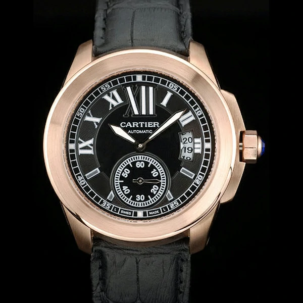 Cartier Calibre Black Dial Gold Case Black Leather Bracelet new58881