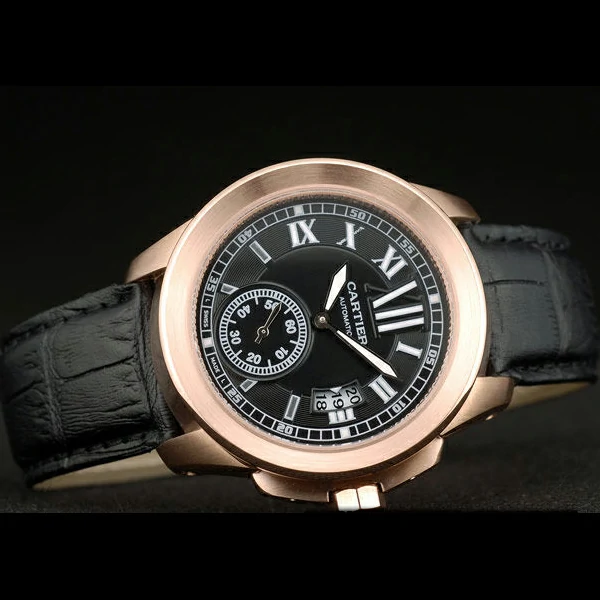 Cartier Calibre Black Dial Gold Case Black Leather Bracelet new58881