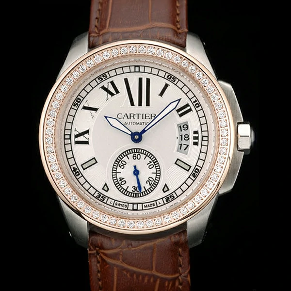 Cartier Calibre White Dial Diamonds Two Tone Case Brown Leather Bracelet new58882
