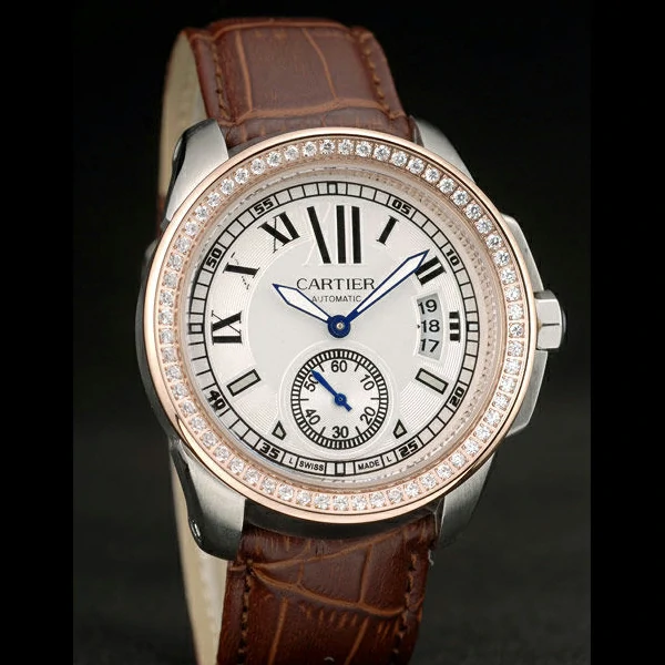 Cartier Calibre White Dial Diamonds Two Tone Case Brown Leather Bracelet new58882
