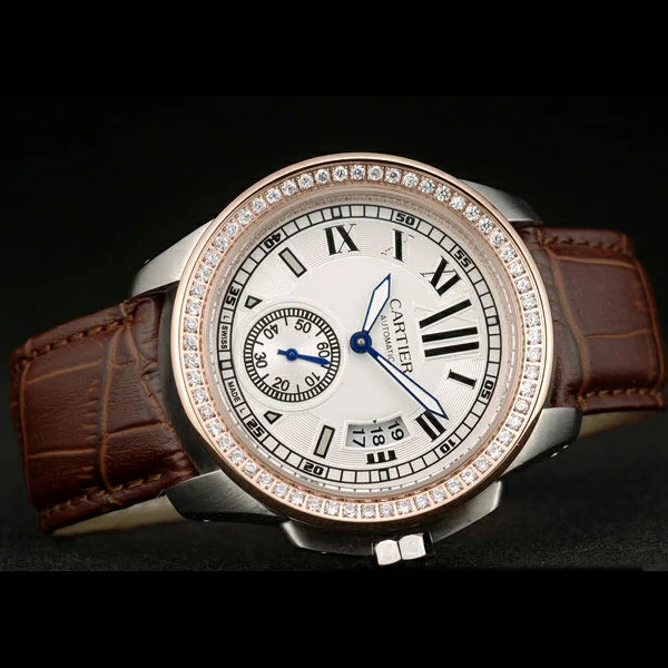 Cartier Calibre White Dial Diamonds Two Tone Case Brown Leather Bracelet new58882