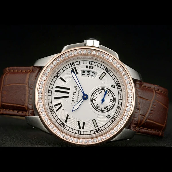 Cartier Calibre White Dial Diamonds Two Tone Case Brown Leather Bracelet new58882