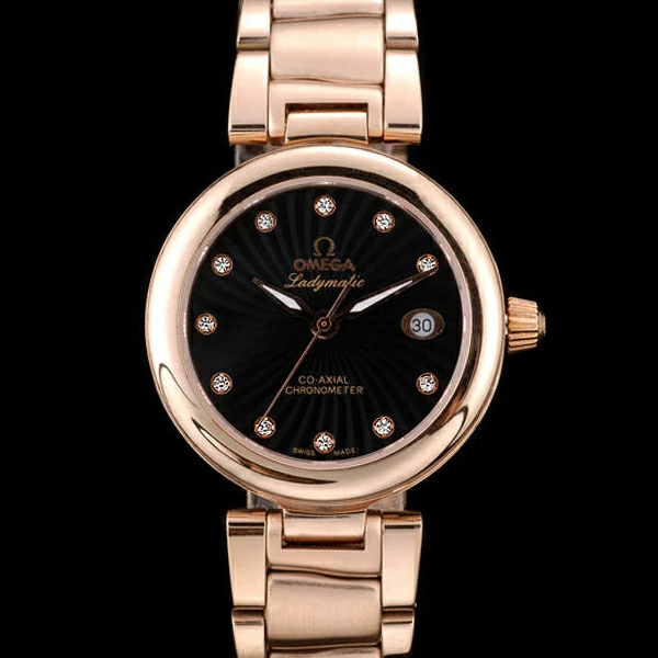 Omega DeVille Ladymatic Rose Gold Stainless Steel Strap Black Dial new58895