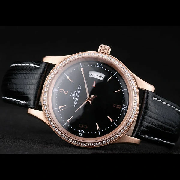 Jaeger Le Coultre Master Control Crystal Encrusted Bezel Black Leather Strap new58950