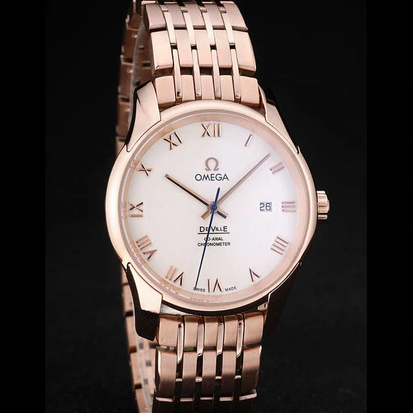 Omega DeVille Rose Gold Bezel Roman Numbers White Dial new58972