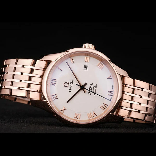 Omega DeVille Rose Gold Bezel Roman Numbers White Dial new58972