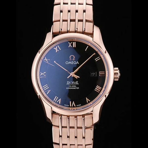 Omega DeVille Rose Gold Bezel Roman Numbers Black Dial new58973