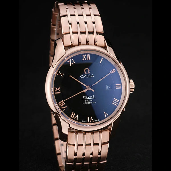 Omega DeVille Rose Gold Bezel Roman Numbers Black Dial new58973