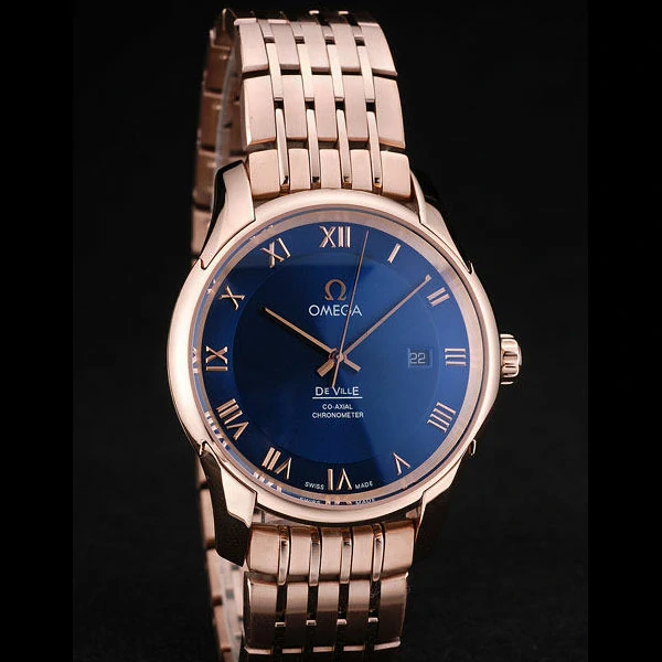 Omega DeVille Rose Gold Bezel Roman Numbers Blue Dial new58974