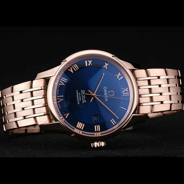 Omega DeVille Rose Gold Bezel Roman Numbers Blue Dial new58974