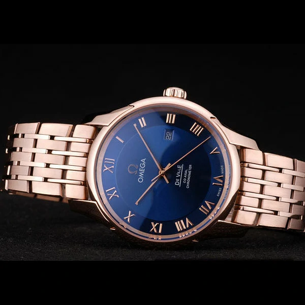 Omega DeVille Rose Gold Bezel Roman Numbers Blue Dial new58974