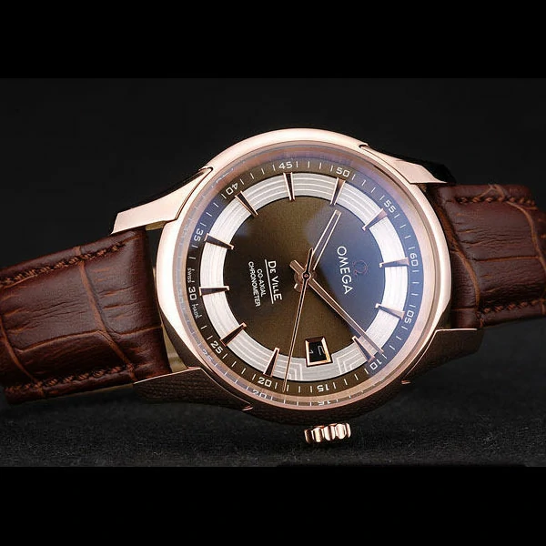 Omega DeVille Rose Gold Bezel Brown Leather Strap new58979