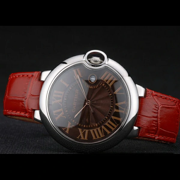 Cartier Ballon Bleu 42mm Brown Dial Stainless Steel Case Red Leather Bracelet new59111