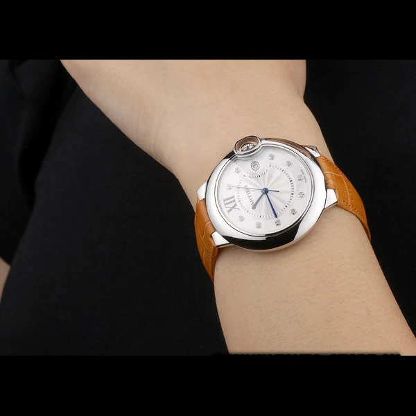 Cartier Ballon Bleu 42mm White Dial Stainless Steel Case Light Brown Leather Bracelet new59114