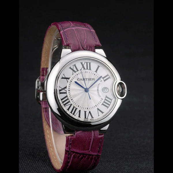 Cartier Ballon Bleu 38mm White Dial Stainless Steel Case Purple Leather Bracelet new59116