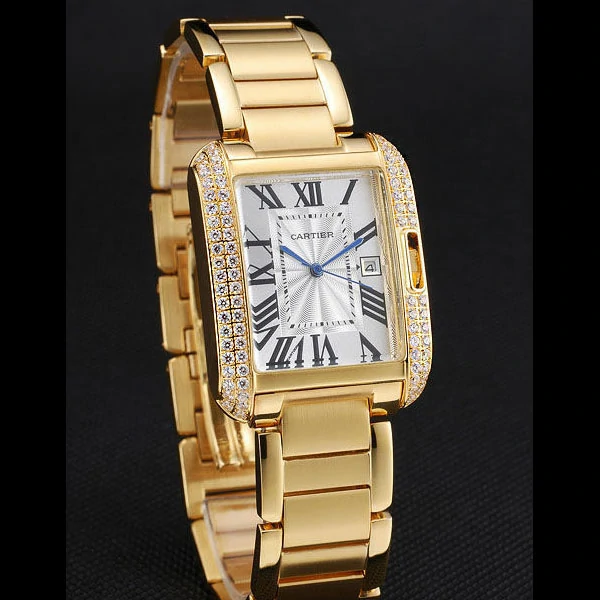 Cartier Tank Anglaise 30mm White Dial Diamonds Gold Case Gold Bracelet new59157