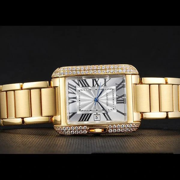 Cartier Tank Anglaise 30mm White Dial Diamonds Gold Case Gold Bracelet new59157