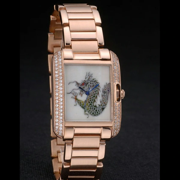 Cartier Tank Anglaise White Dragon Dial Diamonds Rose Gold Case Rose Gold Bracelet new59160