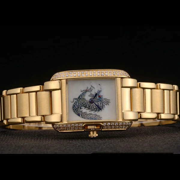 Cartier Tank Anglaise White Dragon Dial Diamonds Gold Case Gold Bracelet new59161