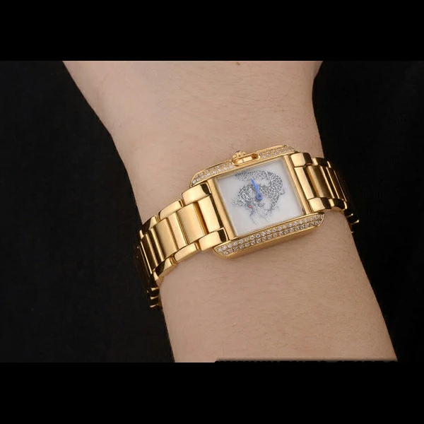 Cartier Tank Anglaise White Dragon Dial Diamonds Gold Case Gold Bracelet new59161