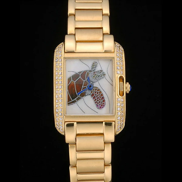 Cartier Tank Anglaise White Tortoise Dial Diamonds Gold Case Gold Bracelet new59162