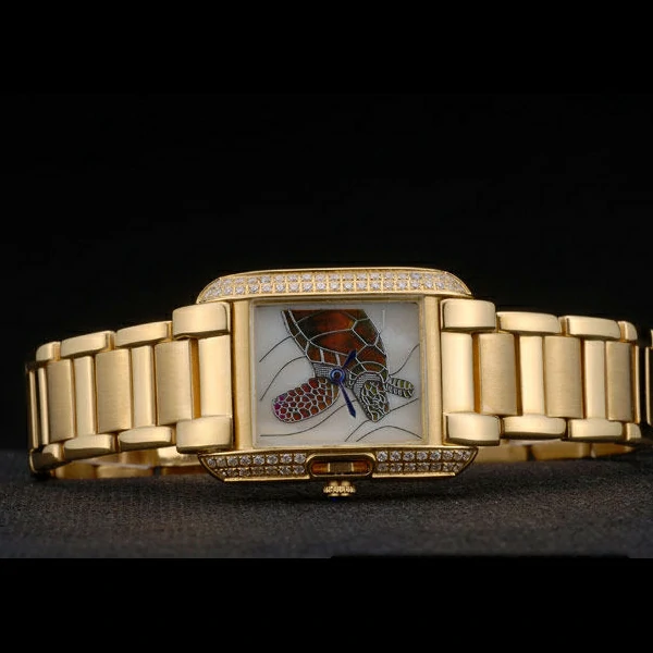 Cartier Tank Anglaise White Tortoise Dial Diamonds Gold Case Gold Bracelet new59162