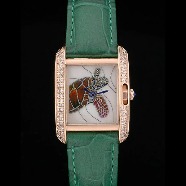 Cartier Tank Anglaise White Tortoise Dial Diamonds Gold Case Green Leather Bracelet new59166