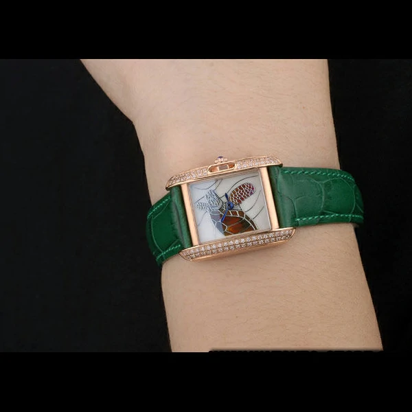 Cartier Tank Anglaise White Tortoise Dial Diamonds Gold Case Green Leather Bracelet new59166