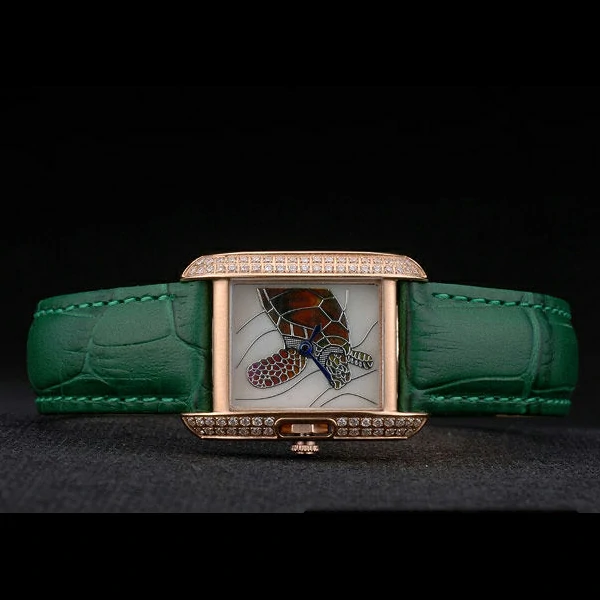 Cartier Tank Anglaise White Tortoise Dial Diamonds Gold Case Green Leather Bracelet new59166