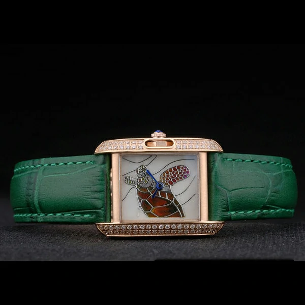 Cartier Tank Anglaise White Tortoise Dial Diamonds Gold Case Green Leather Bracelet new59166