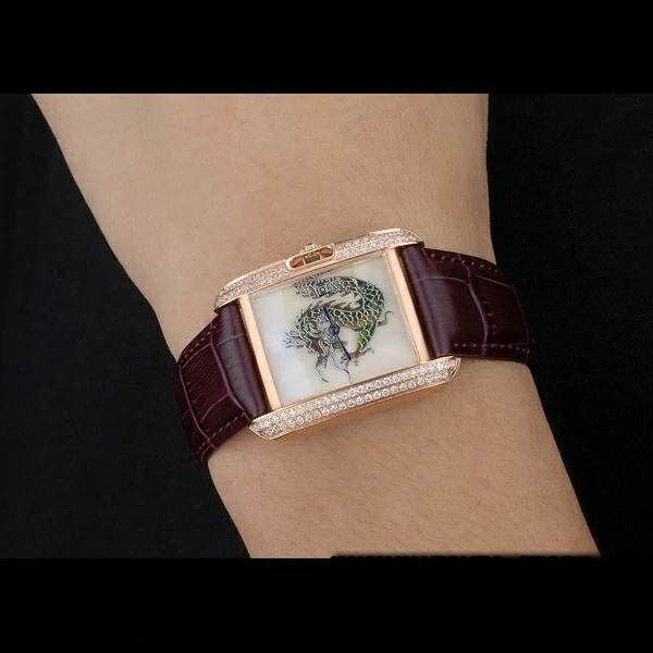 Cartier Tank Anglaise White Dragon Dial Diamonds Gold Case Purple Leather Bracelet new59168
