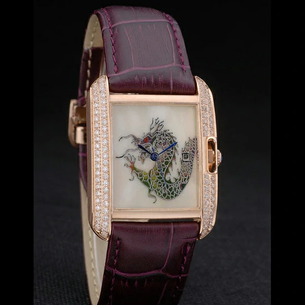 Cartier Tank Anglaise White Dragon Dial Diamonds Gold Case Purple Leather Bracelet new59168