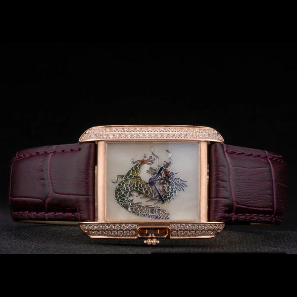 Cartier Tank Anglaise White Dragon Dial Diamonds Gold Case Purple Leather Bracelet new59168