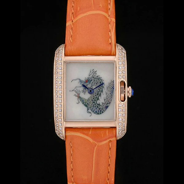Cartier Tank Anglaise White Dragon Dial Diamonds Gold Case Orange Leather Bracelet new59169