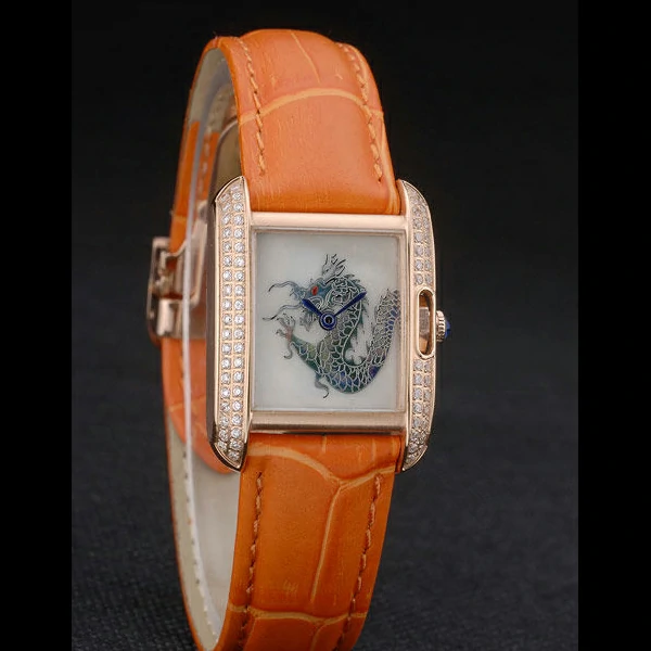Cartier Tank Anglaise White Dragon Dial Diamonds Gold Case Orange Leather Bracelet new59169
