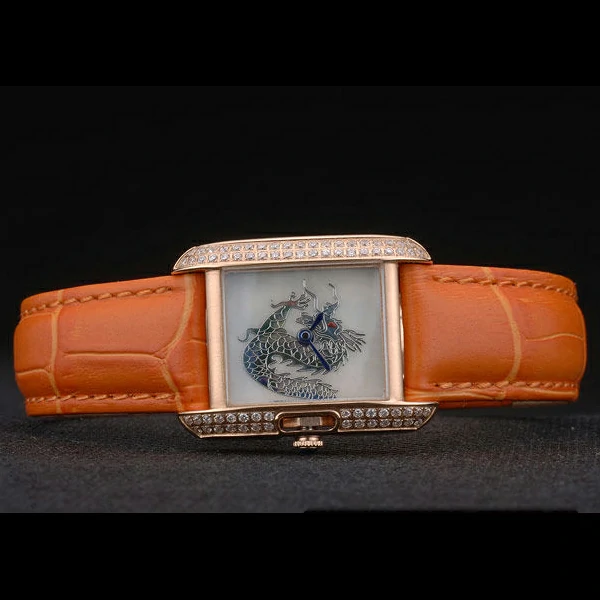 Cartier Tank Anglaise White Dragon Dial Diamonds Gold Case Orange Leather Bracelet new59169