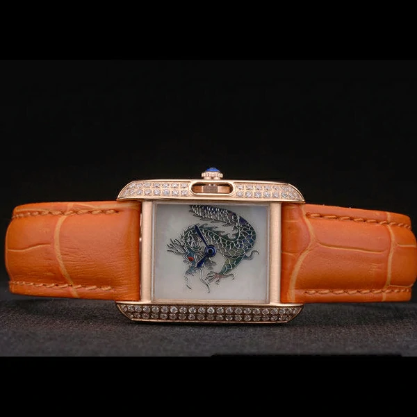 Cartier Tank Anglaise White Dragon Dial Diamonds Gold Case Orange Leather Bracelet new59169