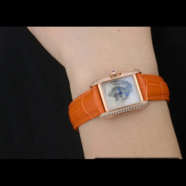 Cartier Tank Anglaise White Dragon Dial Diamonds Gold Case Orange Leather Bracelet new59169