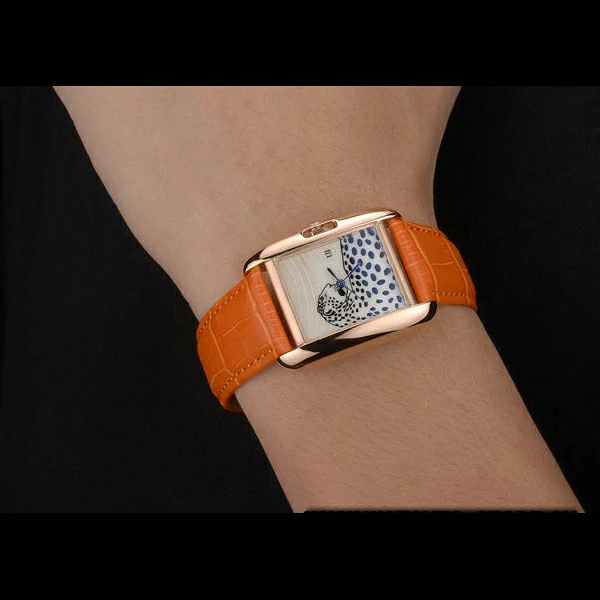 Cartier Tank Anglaise White Tiger Dial Gold Case Orange Leather Bracelet new59170