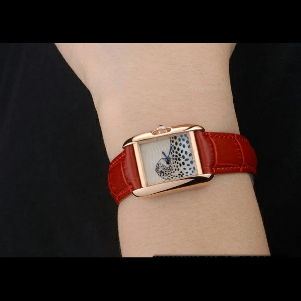 Cartier Tank Anglaise White Tiger Dial Gold Case Red Leather Bracelet new59171