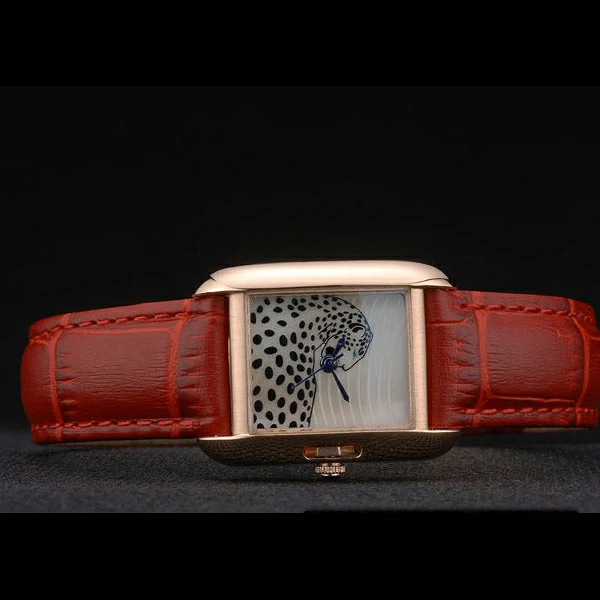Cartier Tank Anglaise White Tiger Dial Gold Case Red Leather Bracelet new59171