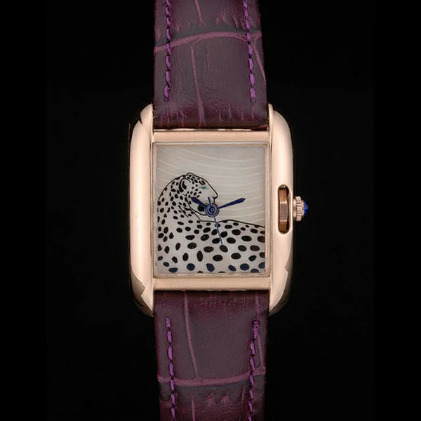 Cartier Tank Anglaise White Tiger Dial Gold Case Purple Leather Bracelet new59172