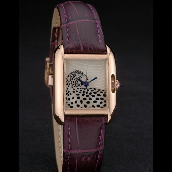 Cartier Tank Anglaise White Tiger Dial Gold Case Purple Leather Bracelet new59172