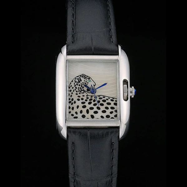 Cartier Tank Anglaise White Tiger Dial Stainless Steel Case Black Leather Bracelet new59173