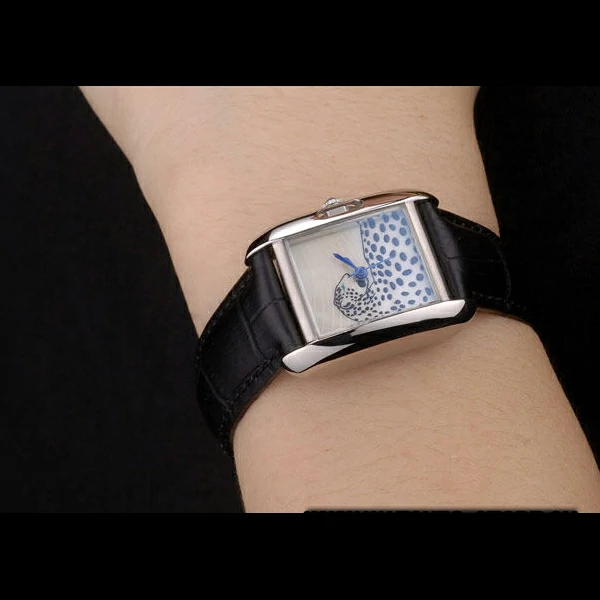 Cartier Tank Anglaise White Tiger Dial Stainless Steel Case Black Leather Bracelet new59173