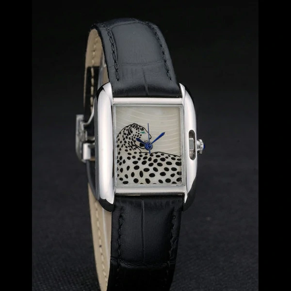 Cartier Tank Anglaise White Tiger Dial Stainless Steel Case Black Leather Bracelet new59173