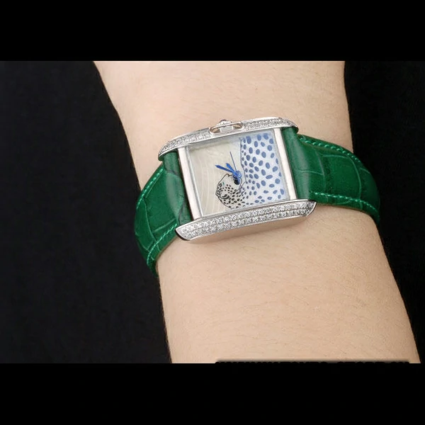 Cartier Tank Anglaise White Tiger Dial Diamonds Steel Case Green Leather Bracelet new59174